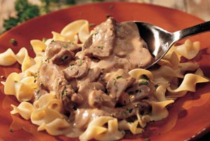 Beef Stroganoff over Buttered Noodles