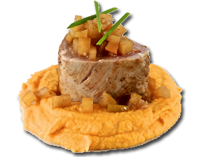 Asian Marinated Pork Loin with Gingered Sweet Potatoes and Five-Spice Apples